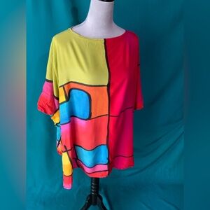 SYLCA Vibrant Hand Painted Graphic Color Block Blouse, Womens Size XL, EUC